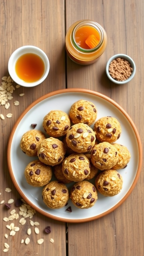 A plate of oat energy balls with chocolate chips on a wooden table, surrounded by honey and nut butter.